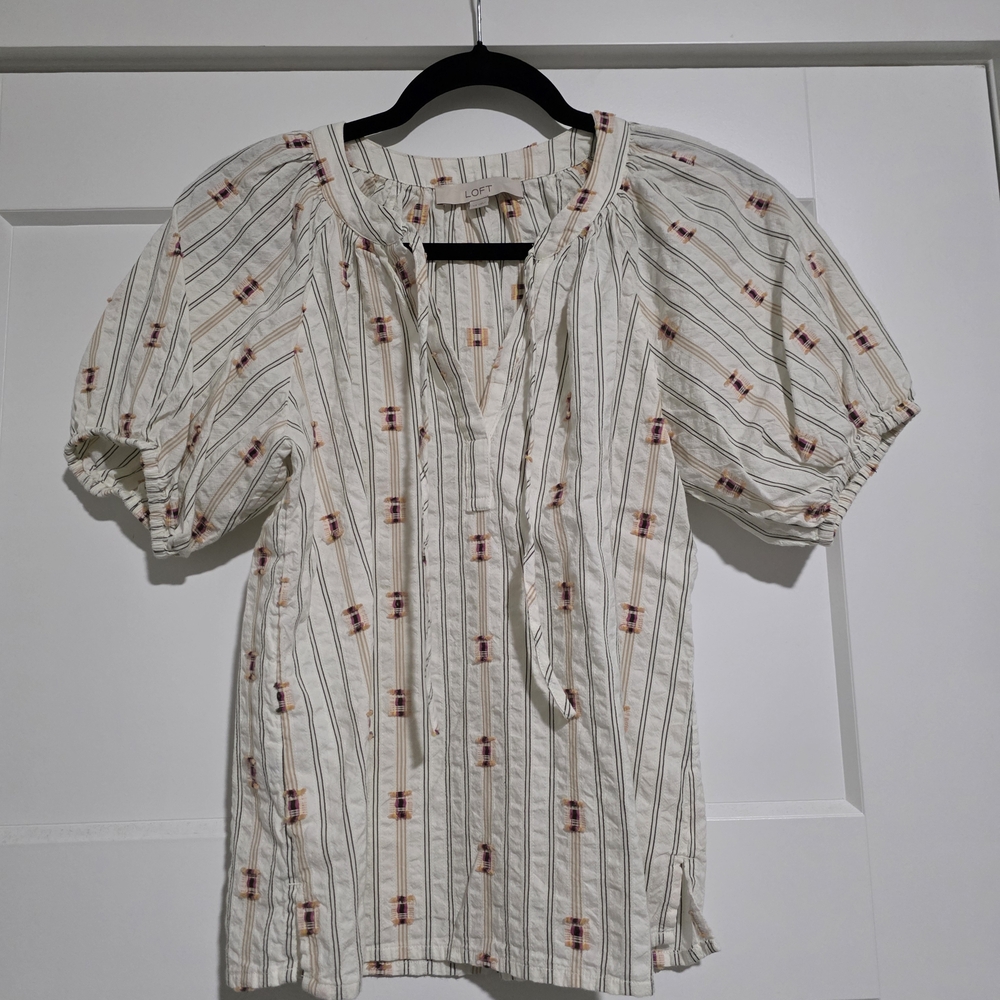 LOFT Cream Striped Blouse with Puff Sleeves and Tie Neck